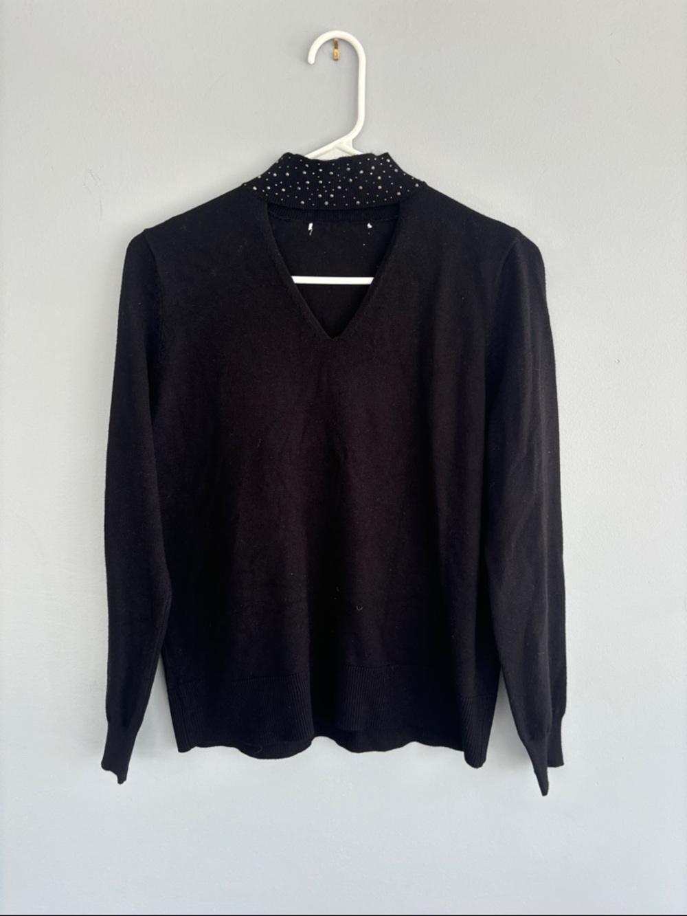 Black V-Neck Sweater with Studded Collar